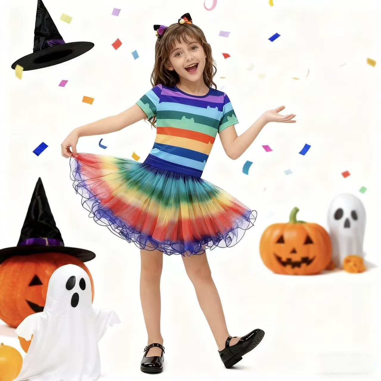 여자 무지개 줄무늬 티셔츠 투투 스커트 고양이 귀 머리 - Summer Clothing For Kids Girls 리뷰 및 가격