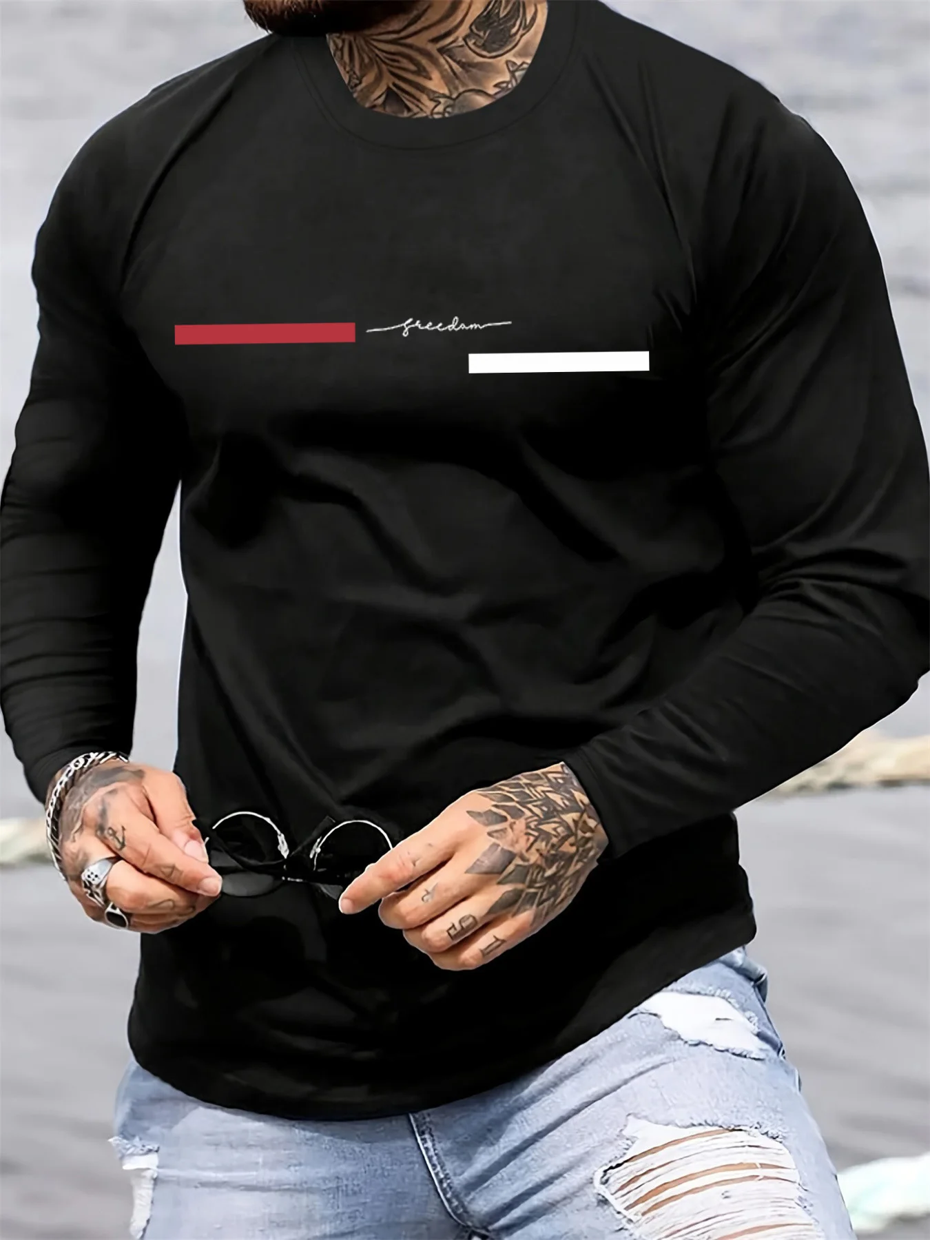 레드 블랙 라인 남성용 긴팔 라운드넥 루즈핏 캐주얼 프 - Summer Clothing Trend 리뷰 및 가격