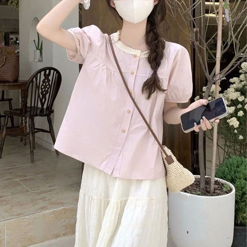 유행 레이스 스플 라이스 셔츠 여름 달콤한 퍼프 슬리브 - Summer Clothing In French 리뷰 및 가격
